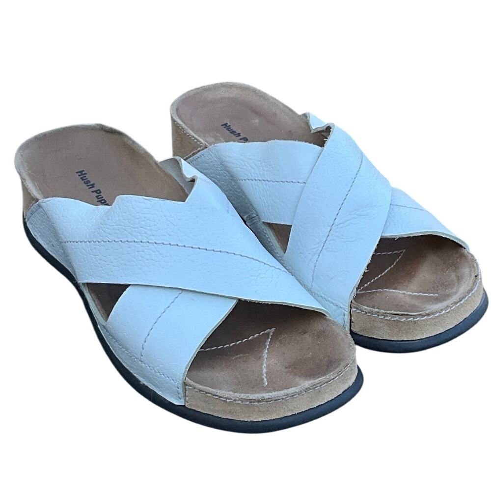 Hush Puppies White Leather Cross Strap Slip On Slide Comfort Sandal Women 9M